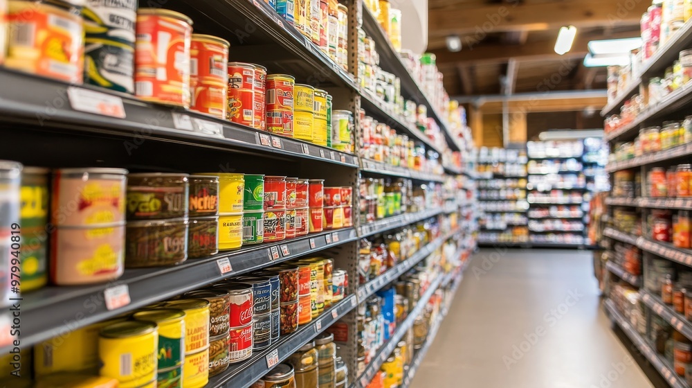 Canned goods and jars are organized on both sides of a grocery store aisle, inviting shoppers to explore the variety of products available on the shelves Canned goods and jars are organized on both sides of a grocery store aisle, inviting shoppers to explore the variety of products available on the shelves