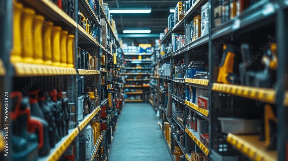 A neatly organized aisle showcases a variety of industrial tools in a hardware store, illuminated by soft lighting that enhances the shopping experience A neatly organized aisle showcases a variety of industrial tools in a hardware store, illuminated by soft lighting that enhances the shopping experience