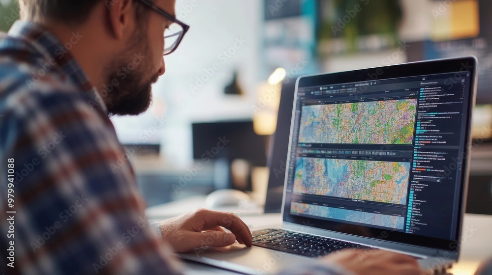 A man sits at his desk, focused on analyzing complex geographic data displayed on his laptop, surrounded by a bright and modern office environment A man sits at his desk, focused on analyzing complex geographic data displayed on his laptop, surrounded by a bright and modern office environment