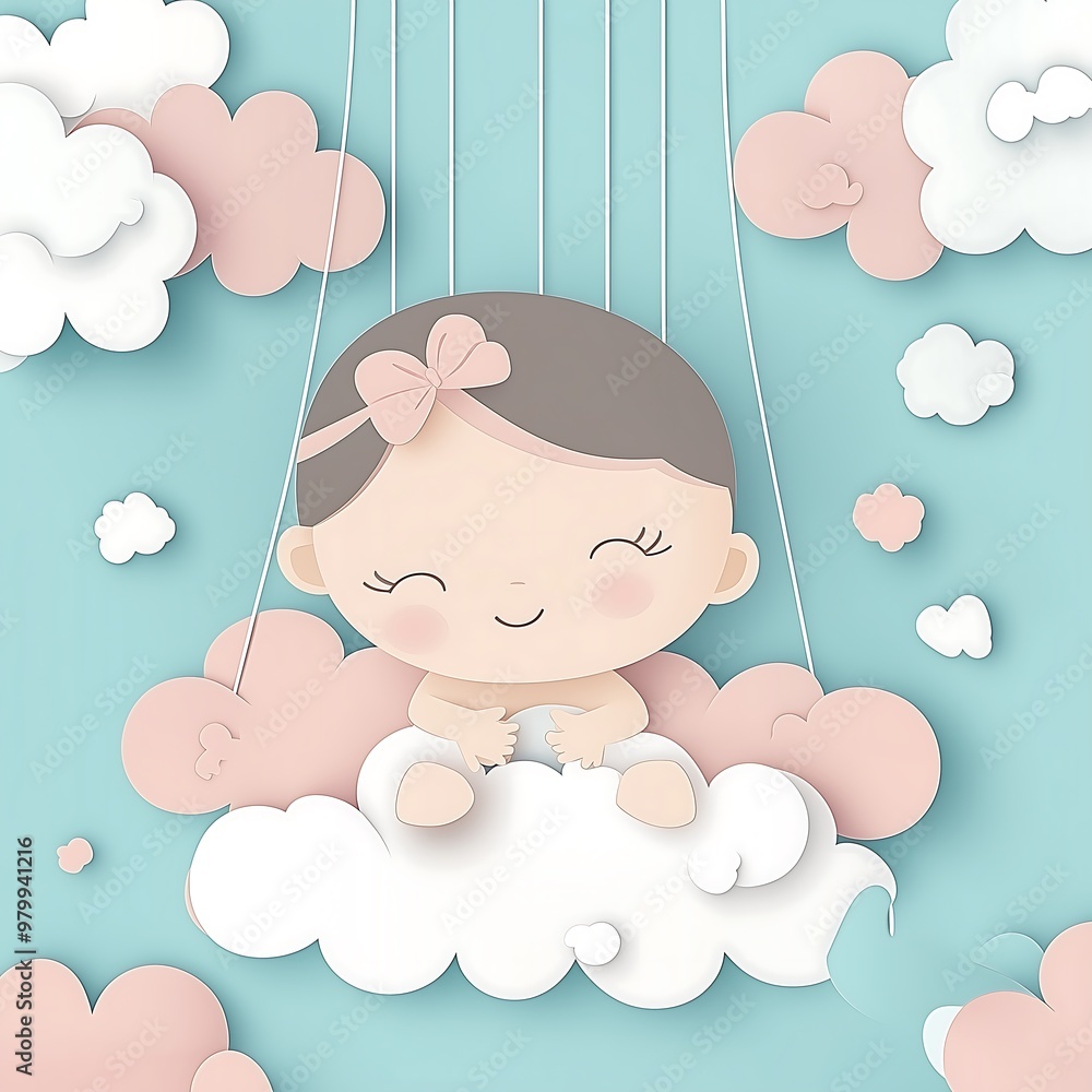 Adorable baby sleeping on cloud in pastel illustration Adorable baby sleeping on cloud in pastel illustration
