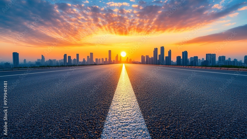 Asphalt highway road and city skyline with modern buildings at sunset. car background. generative ai Asphalt highway road and city skyline with modern buildings at sunset. car background. generative ai