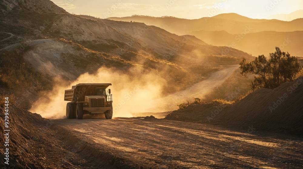 A dump truck maneuvers down a dusty dirt road at a construction site as the sun sets, creating a golden glow and stirring up clouds of dust around it A dump truck maneuvers down a dusty dirt road at a construction site as the sun sets, creating a golden glow and stirring up clouds of dust around it
