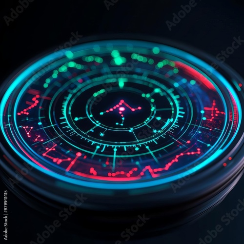 Wallpaper Mural Futuristic horoscope, holographic zodiac wheel, interactive AI display, sleek black background Torontodigital.ca