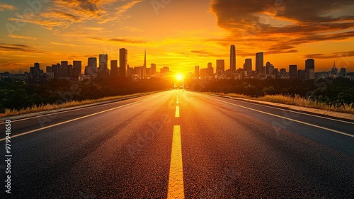 Asphalt highway road and city skyline with modern buildings at sunset. car background. generative ai