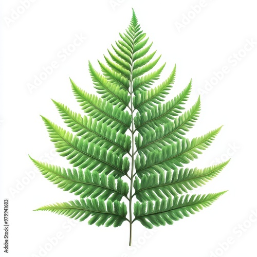 A lush green fern leaf with intricate details and vibrant color against a clean white background, perfect for nature-themed designs, white background