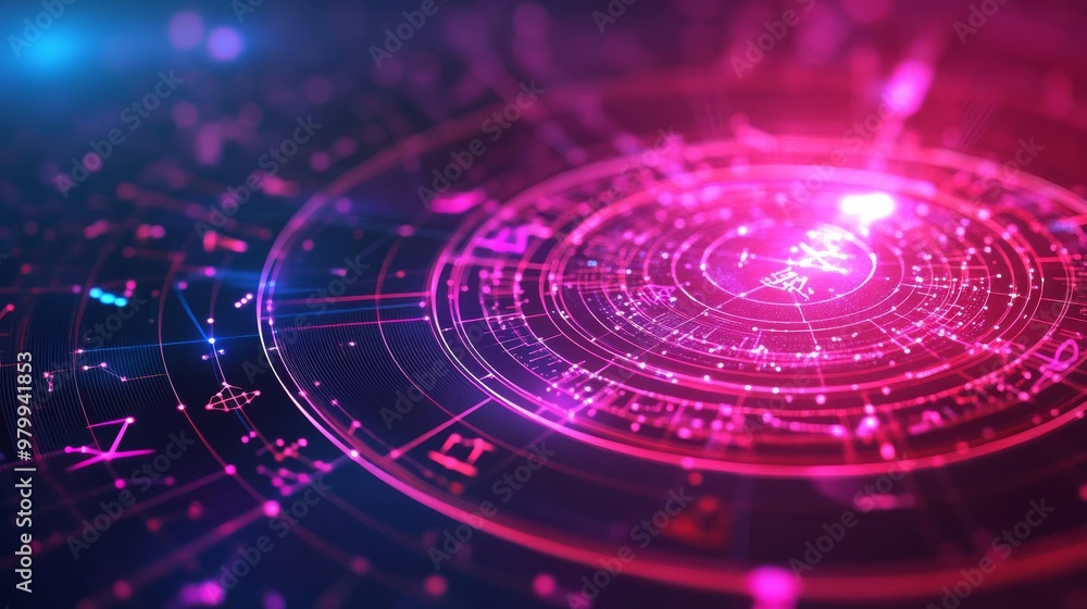 Hologram horoscope reading, digital cosmic alignment, futuristic feel Hologram horoscope reading, digital cosmic alignment, futuristic feel