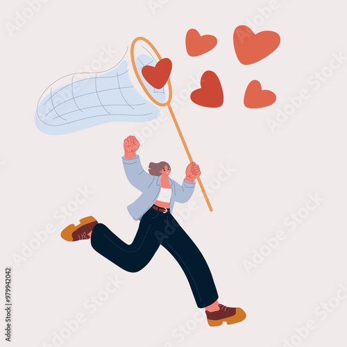 Cartoon vector illustration of a woman running and catching hearts with a scoop, concept of influencer, blogger, seeking love, and dating services