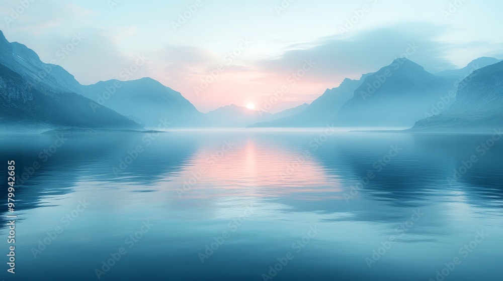 Serene Mountainous Landscape with Tranquil Lakeside Sunrise or Sunset Reflection Serene Mountainous Landscape with Tranquil Lakeside Sunrise or Sunset Reflection
