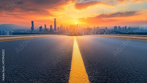 Wallpaper Mural Asphalt highway road and city skyline with modern buildings at sunset. car background. generative ai Torontodigital.ca