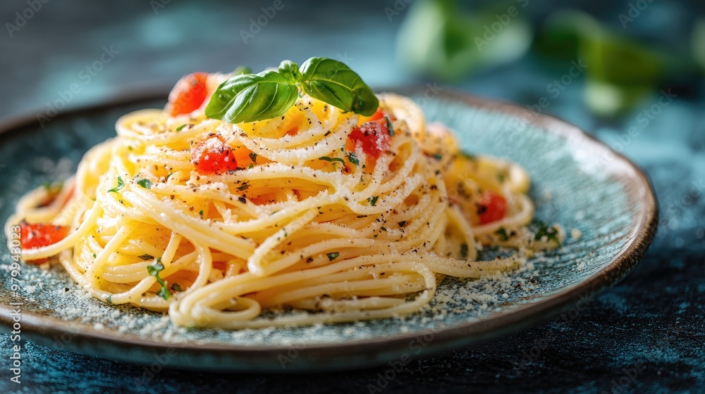 Delicious Spaghetti Aglio e Olio with Fresh Basil and Parmesan on Rustic Plate Delicious Spaghetti Aglio e Olio with Fresh Basil and Parmesan on Rustic Plate
