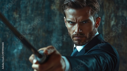 Confident Man in Suit Holding Sword in Intense Stare in Dark Environment photo