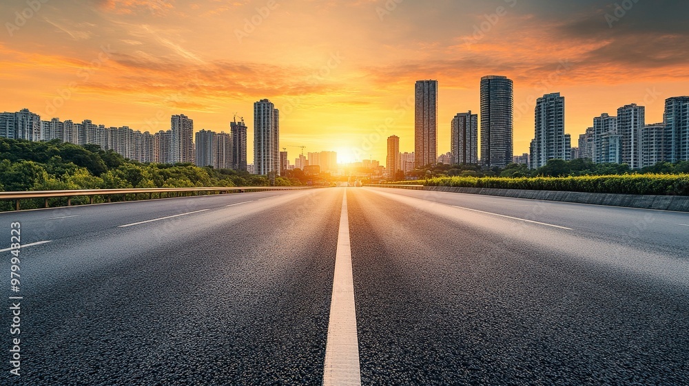 Asphalt highway road and city skyline with modern buildings at sunset. car background. generative ai Asphalt highway road and city skyline with modern buildings at sunset. car background. generative ai
