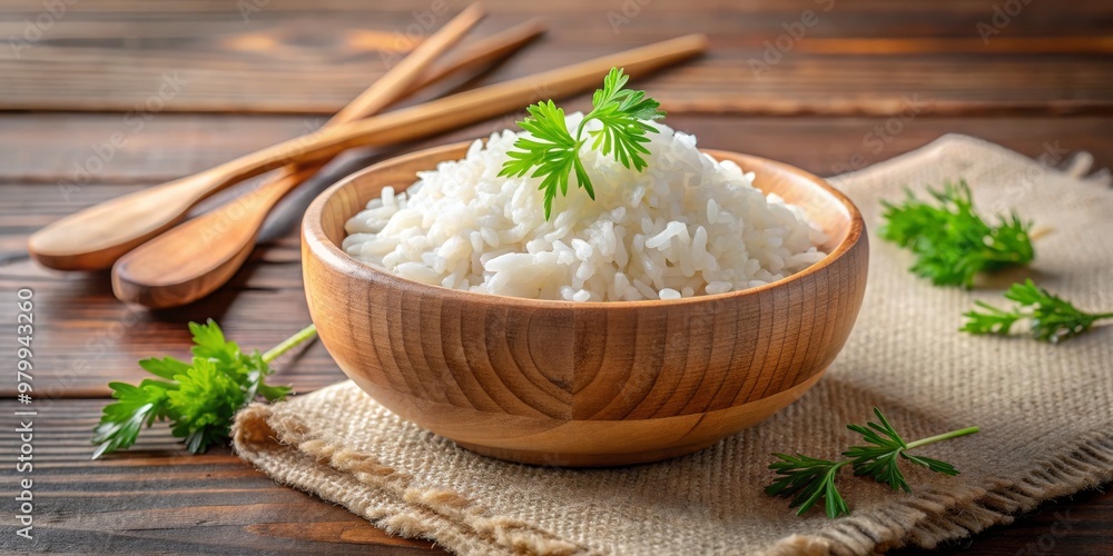 A Bowl of Steamed Rice with Parsley Garnish, Wooden Bowl, Food Styling, rice, parsley, garnish A Bowl of Steamed Rice with Parsley Garnish, Wooden Bowl, Food Styling, rice, parsley, garnish