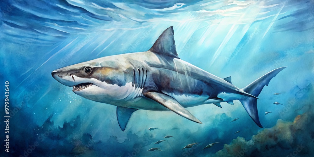 Fototapeta premium Beneath the Surface Watercolor Great White Shark in Blue Depths, Watercolor, Underwater, Great White Shark, Shark, Ocean