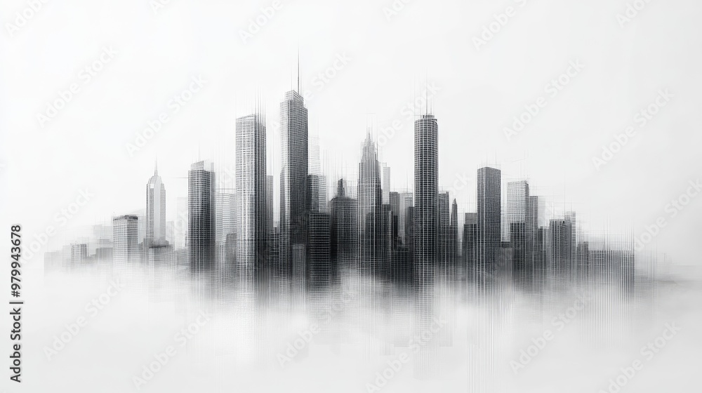 Naklejka premium Abstract Urban Skyline in Misty Fog - Modern Monochrome Cityscape Illustration
