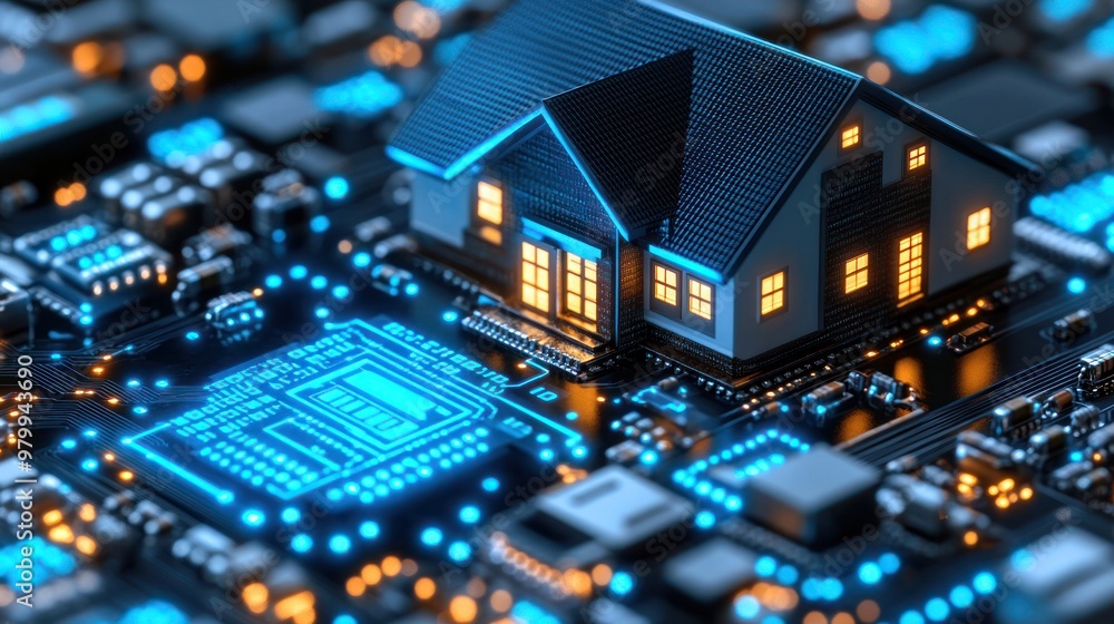 A small house with glowing lights set atop a vibrant circuit board, showcasing innovation in smart home technology A small house with glowing lights set atop a vibrant circuit board, showcasing innovation in smart home technology