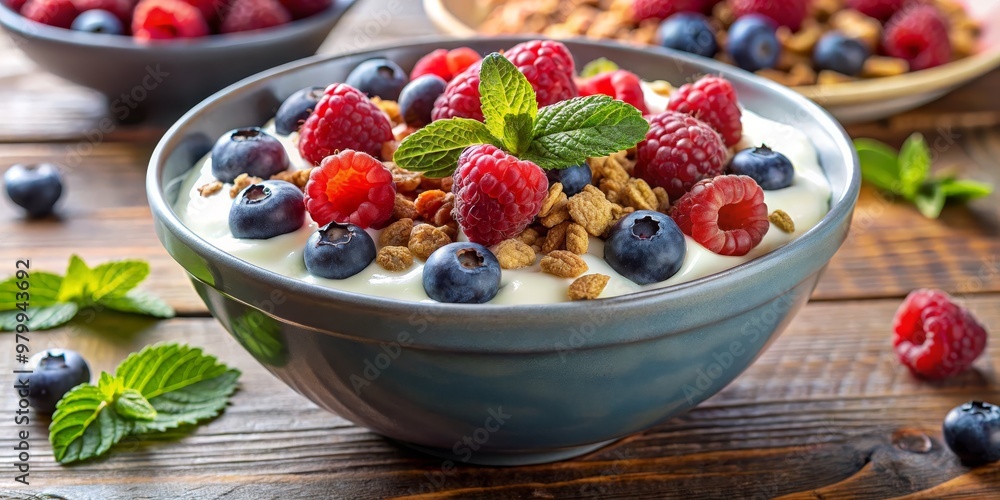 Blue Bowl of Yogurt with Raspberries, Blueberries, and Granola, Healthy Breakfast, Yogurt Parfait, Granola Bowl, Breakfast Idea Blue Bowl of Yogurt with Raspberries, Blueberries, and Granola, Healthy Breakfast, Yogurt Parfait, Granola Bowl, Breakfast Idea