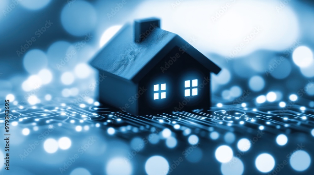 A small house sits on a circuit board, symbolizing the merging of technology and modern living A small house sits on a circuit board, symbolizing the merging of technology and modern living