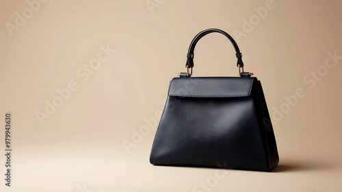 A chic structured handbag in navy blue, isolated on a beige background.