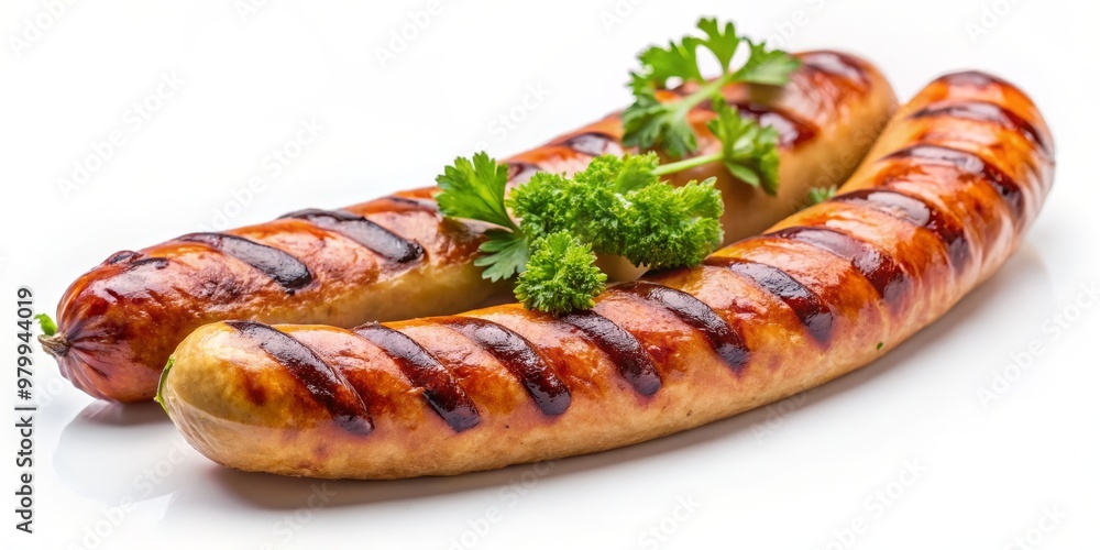 Close-up of Two Grilled Sausages with Parsley, White Background, Food Photography, Sausage, Grill, Food Close-up of Two Grilled Sausages with Parsley, White Background, Food Photography, Sausage, Grill, Food
