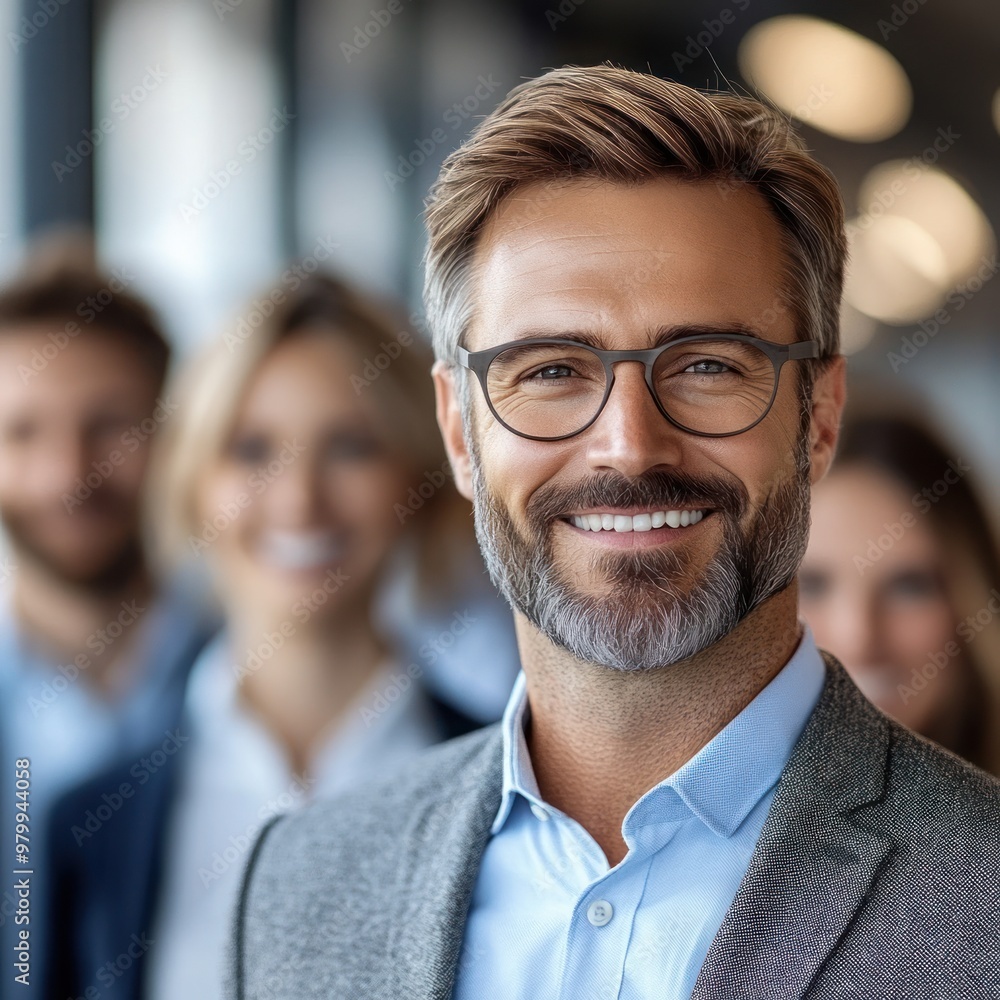 A smiling professional stands out in a modern office, exuding confidence among several colleagues in the background A smiling professional stands out in a modern office, exuding confidence among several colleagues in the background