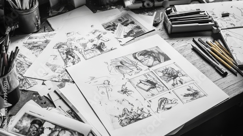 A cluttered desk displays a comic book in progress, surrounded by half-finished pencil sketches, art supplies, and creative chaos, showcasing an artistic work environment photo