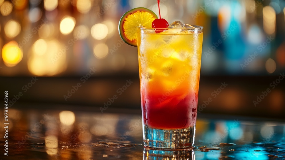 The hurricane cocktail features a colorful gradient of rum and passion fruit in a tall glass, garnished with a cherry and an orange slice, set on a reflective bar surface The hurricane cocktail features a colorful gradient of rum and passion fruit in a tall glass, garnished with a cherry and an orange slice, set on a reflective bar surface