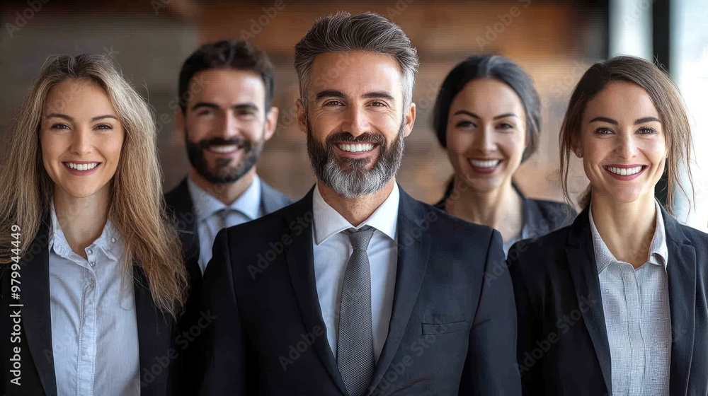 Five business professionals stand confidently together, showcasing teamwork and positivity in their workplace Five business professionals stand confidently together, showcasing teamwork and positivity in their workplace