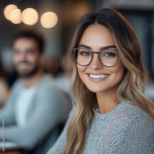 A young woman with glasses smiles brightly while sitting in a classroom, showcasing an engaging atmosphere