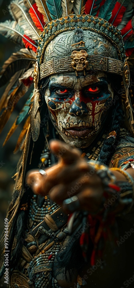 Person with a painted face and a feather crown pointing.. Person with a painted face and a feather crown pointing..
