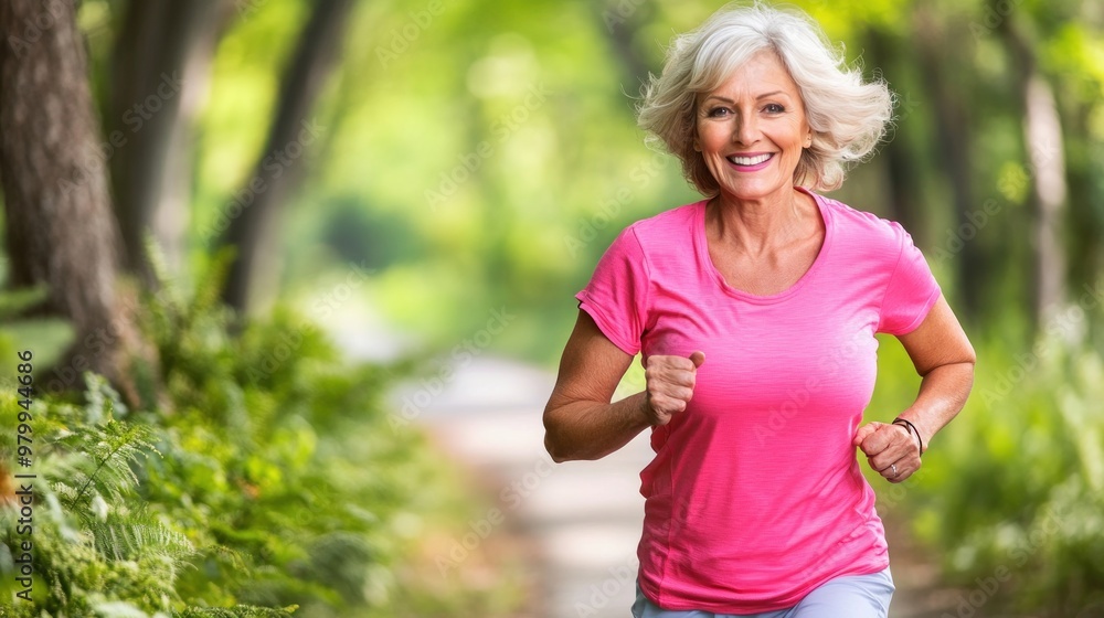 A joyful older woman runs energetically on a wooded path surrounded by lush greenery A joyful older woman runs energetically on a wooded path surrounded by lush greenery
