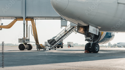 Widebody jet being prepared for a flight. Low angle view of commercial airplane at terminal jet bridge in the morning. 