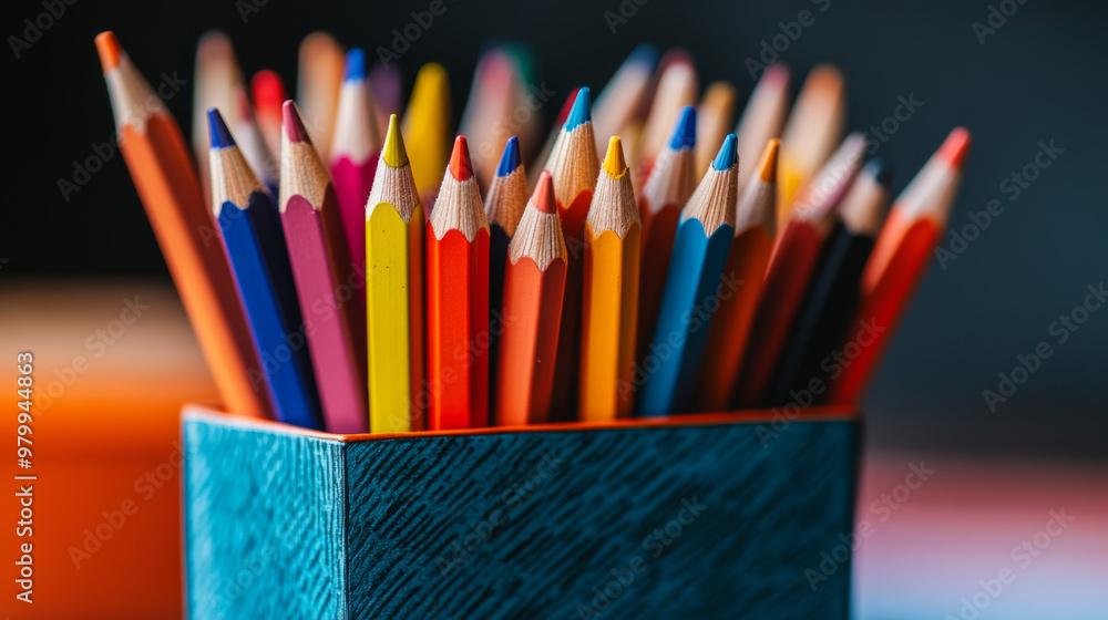 Fototapeta premium A picture of a pencil box with colorful pencils inside. It's ready to be used in a coloring book or activity sheet for kids.