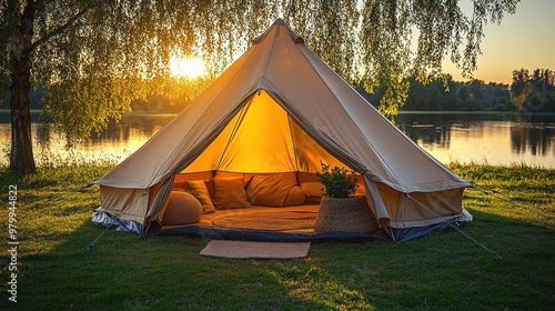A glamping tent glows warmly by the lake as the sun sets, inviting relaxation and connection with nature