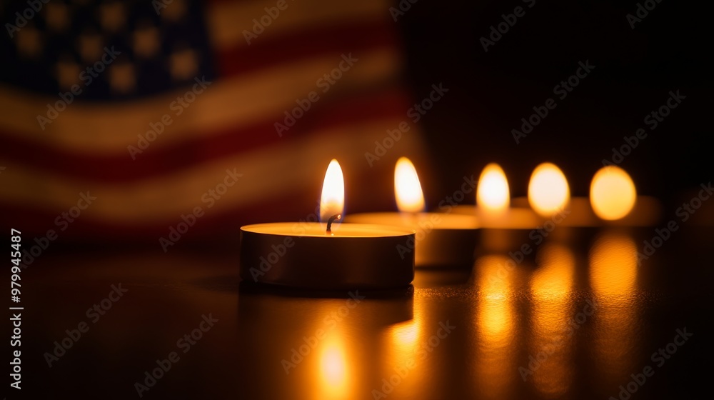 Several lit candles are elegantly aligned in front of a softly blurred American flag, creating a warm and reflective atmosphere in the evening light Several lit candles are elegantly aligned in front of a softly blurred American flag, creating a warm and reflective atmosphere in the evening light