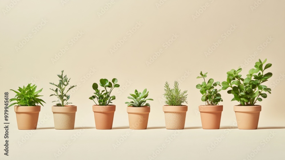 A curated arrangement of various small green houseplants showcased in beautifully crafted ceramic pots against a solid light background, enhancing their vibrant colors and textures A curated arrangement of various small green houseplants showcased in beautifully crafted ceramic pots against a solid light background, enhancing their vibrant colors and textures