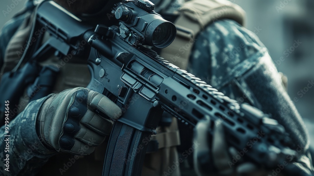 A soldier grips a tactical rifle, showcasing advanced gear and focus. The setting emphasizes preparedness for potential combat scenarios during training exercises A soldier grips a tactical rifle, showcasing advanced gear and focus. The setting emphasizes preparedness for potential combat scenarios during training exercises