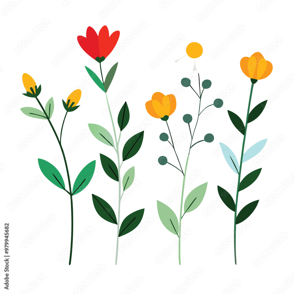 Fototapeta premium floral illustrations featuring different flowers and foliage on a white background