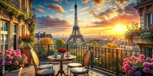 Fototapeta Naklejka Na Ścianę i Meble -  Parisian Balcony Sunrise Eiffel Tower View with Flowers and Coffee Table, Paris, France, sunrise, balcony, eiffel tower