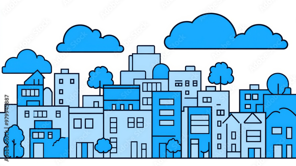 A simple, black and white city scene with clouds. The buildings and trees are blue, drawn in a flat style. A simple, black and white city scene with clouds. The buildings and trees are blue, drawn in a flat style.