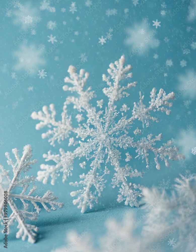 Minimalist winter background with depth of field featuring soft snowflakes on a light blue backdrop Minimalist winter background with depth of field featuring soft snowflakes on a light blue backdrop