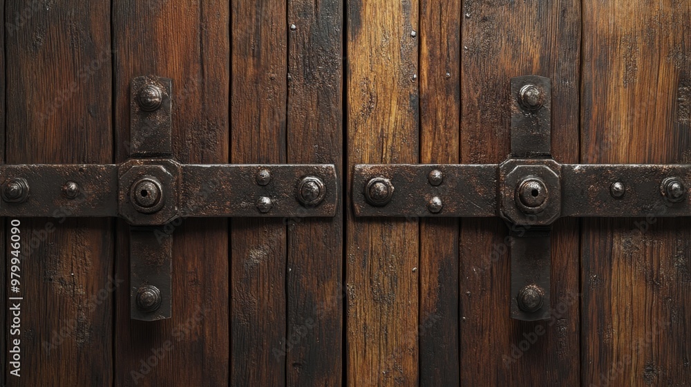 Close-up of a medieval-style wooden door with metal hinges attached. Aged and sturdy wooden door. Close-up of a medieval-style wooden door with metal hinges attached. Aged and sturdy wooden door.
