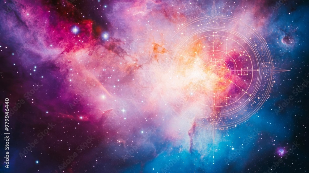 Fototapeta premium Zodiac alignment with a nebula in the background, swirling with colors and mysterious cosmic patterns