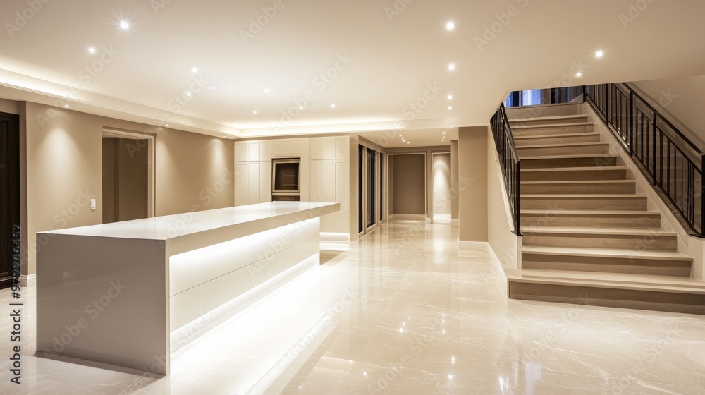This modern basement features spacious white countertops illuminated by soft ambient lighting, complemented by a stylish staircase that enhances the minimalist aesthetic This modern basement features spacious white countertops illuminated by soft ambient lighting, complemented by a stylish staircase that enhances the minimalist aesthetic