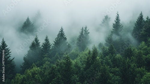 A tranquil forest filled with tall evergreen trees enveloped in mist, creating an ethereal ambiance as shadows blend into the foggy distance