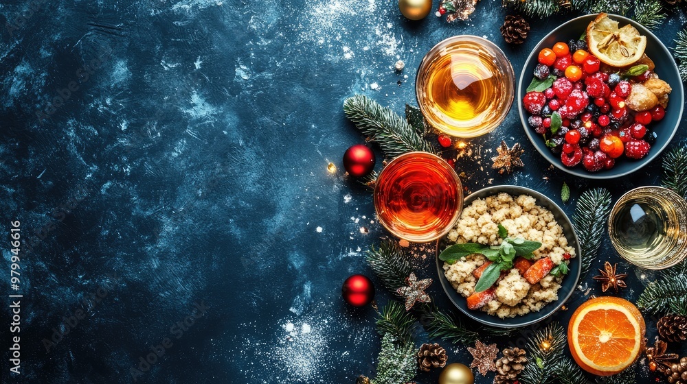 Festive Christmas Dinner Spread with Quinoa, Fresh Berries, Drinks, and Holiday Decor on Dark Background Festive Christmas Dinner Spread with Quinoa, Fresh Berries, Drinks, and Holiday Decor on Dark Background