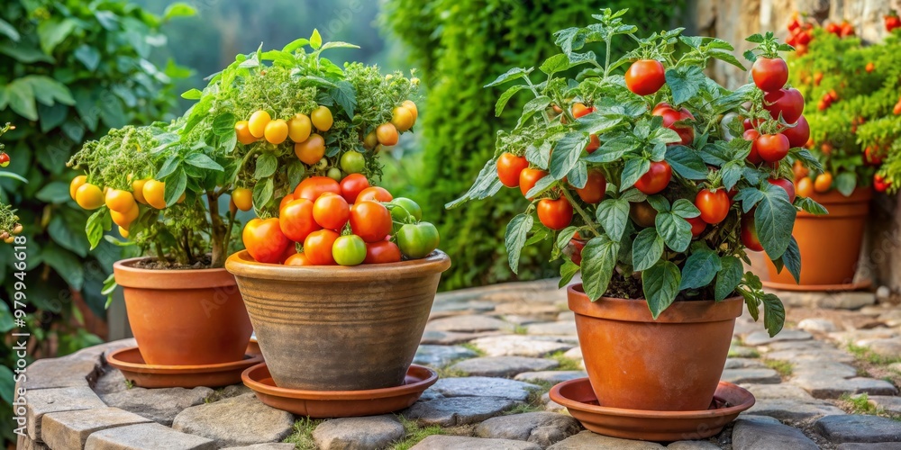 Tomato Plants in Terracotta Pots on Stone Path, Garden, Produce, Summer, Tomatoes Tomato Plants in Terracotta Pots on Stone Path, Garden, Produce, Summer, Tomatoes