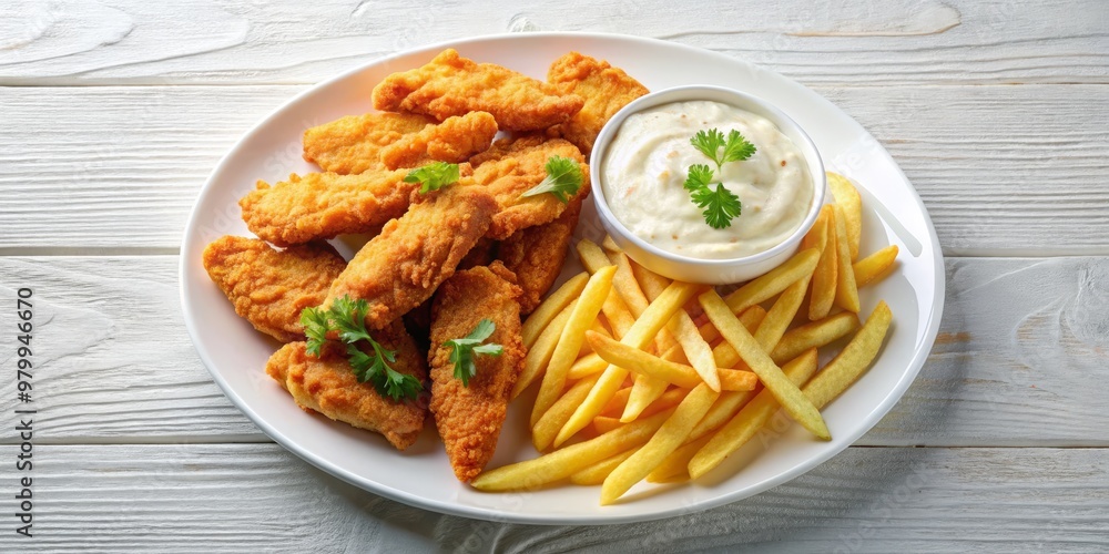 Top View of Crispy Chicken Tenders with French Fries and Creamy Dip on White Wood, chicken tenders, french fries, dip Top View of Crispy Chicken Tenders with French Fries and Creamy Dip on White Wood, chicken tenders, french fries, dip