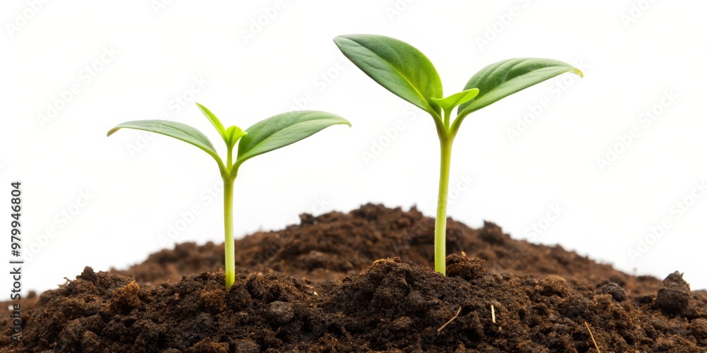 Two Green Seedlings Emerging from Soil, Close-up, White Background, Seedling, Sprout, Growth, Nature Two Green Seedlings Emerging from Soil, Close-up, White Background, Seedling, Sprout, Growth, Nature