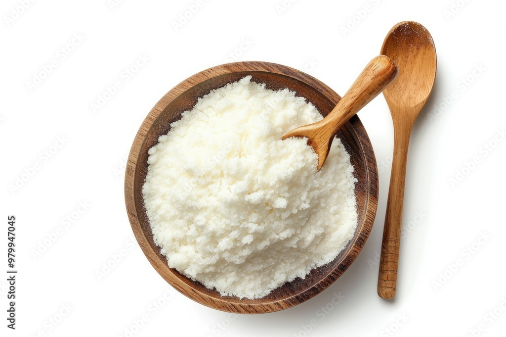 Top down view of tapioca starch enclosed in a wood bowl and spoon separate from the background on white surface Top down view of tapioca starch enclosed in a wood bowl and spoon separate from the background on white surface